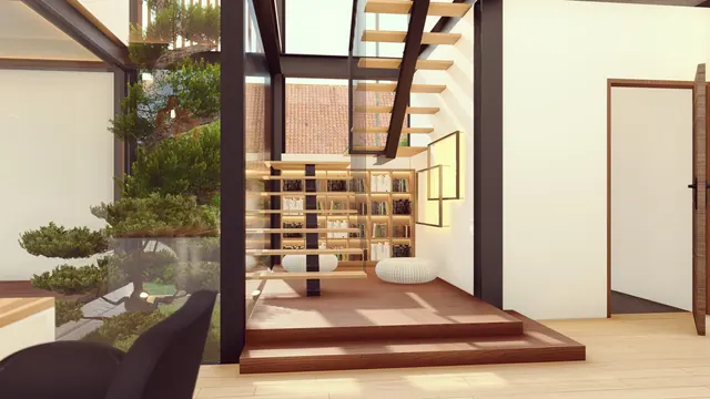 An interior design: open stair and library