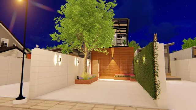 A house design, rendered at night